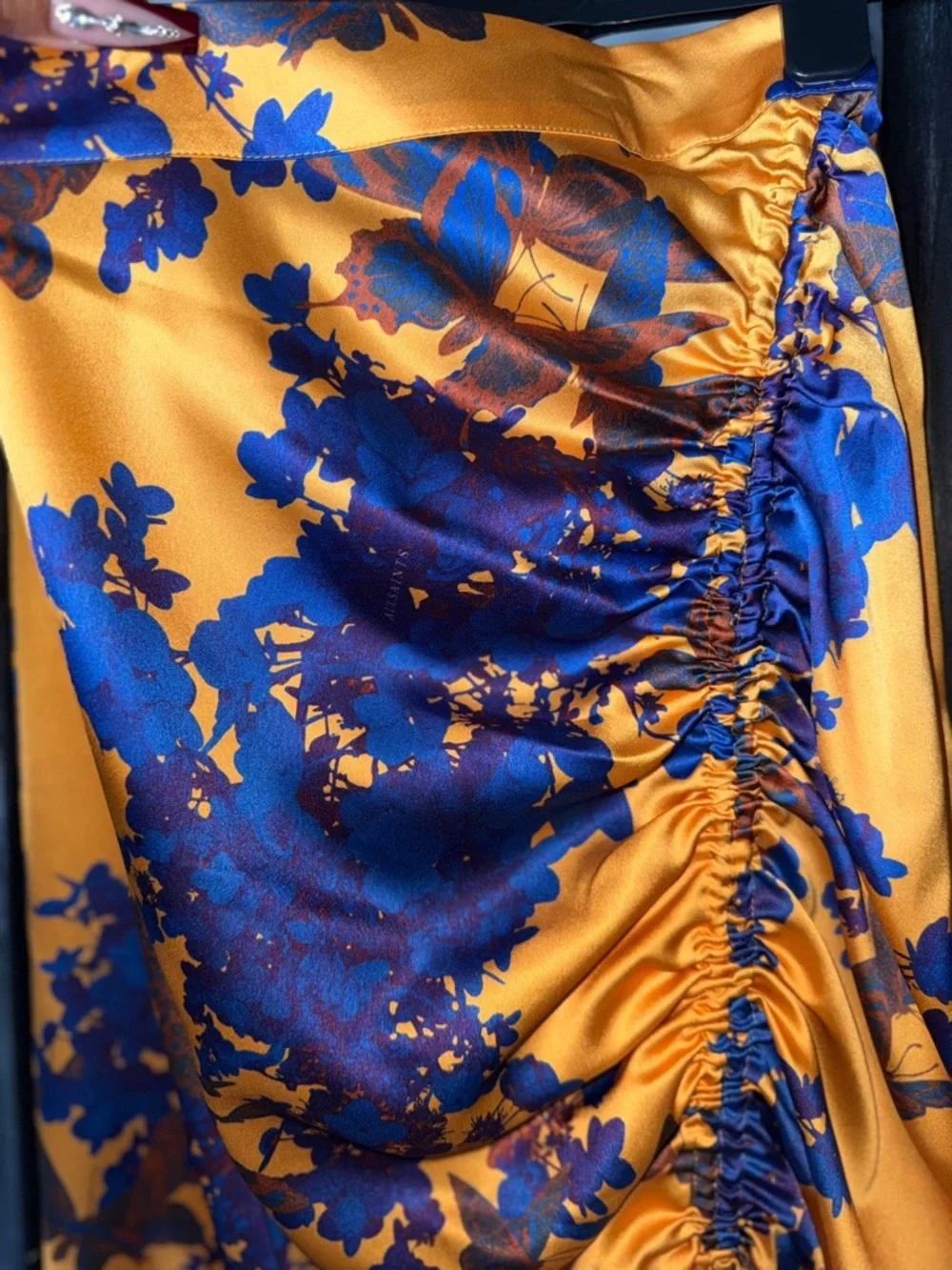 ALLSAINTS Carla Venetia Ruched Midi Skirt Gold Blue Floral Womens US 8 EUC
